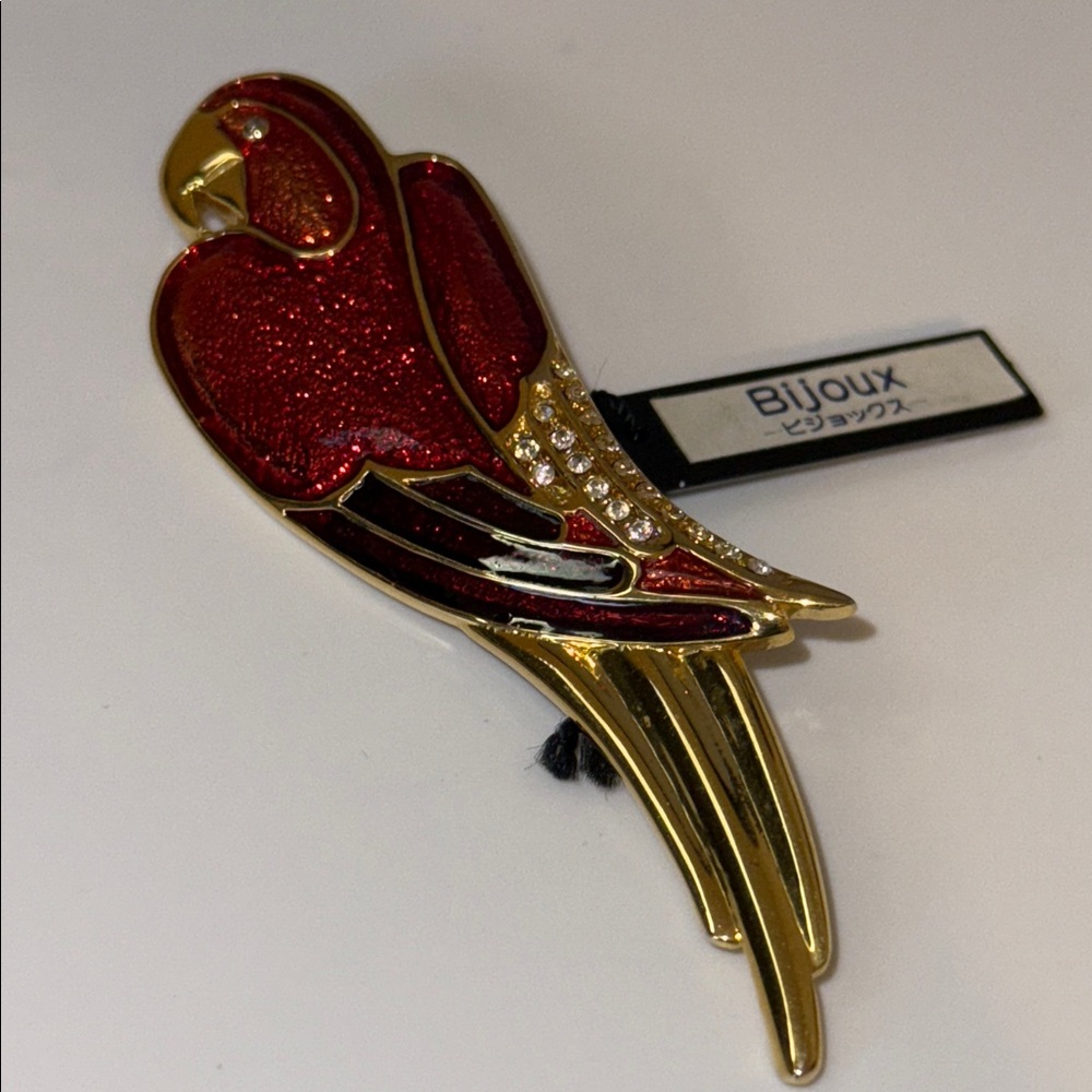 Bijoux Vibrant Red Gold Parrot Pin rhinestone detailing large statement brooch - Picture 15 of 15